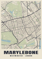 Heritage street map poster of Marylebone, Westminster, London