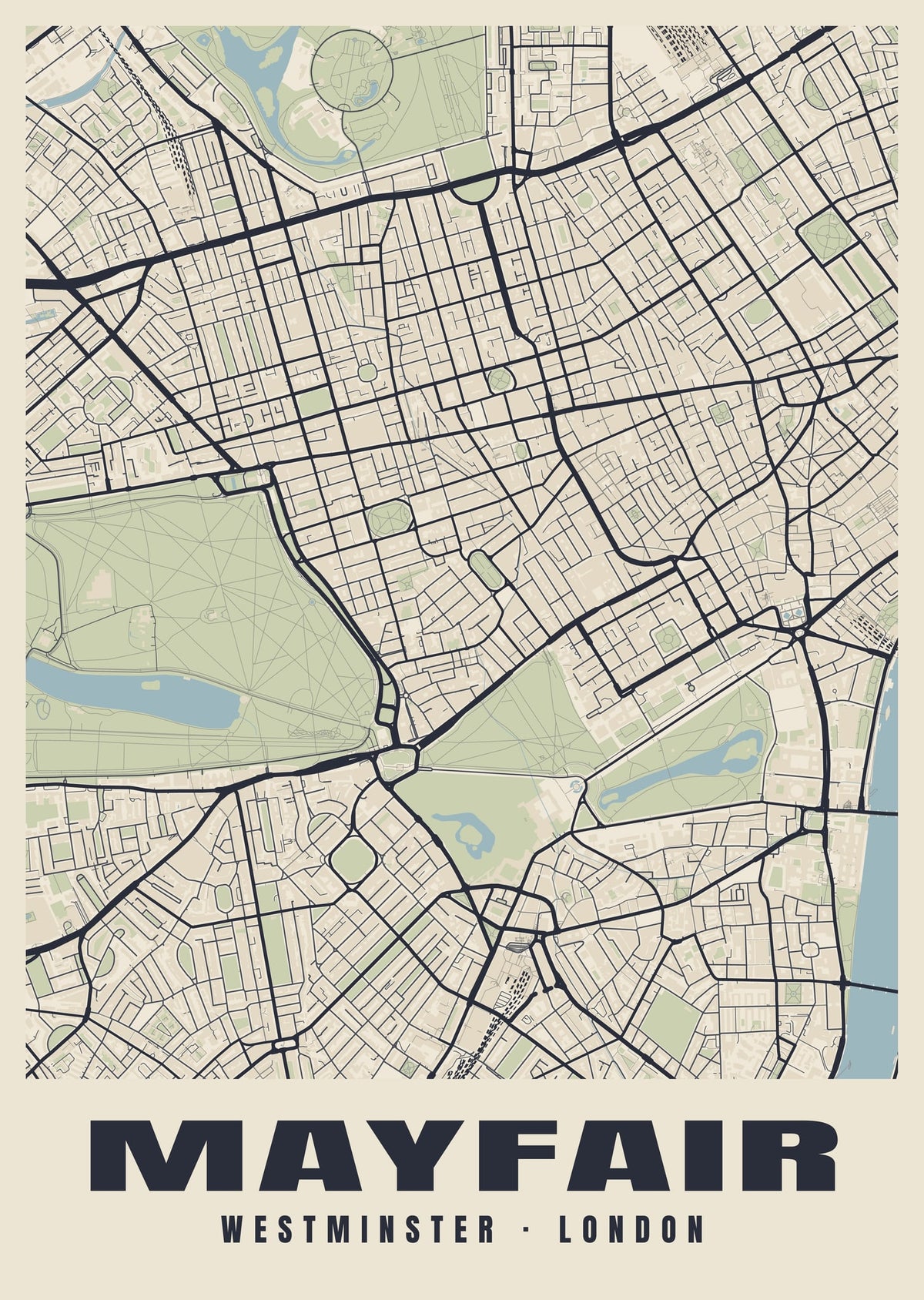 Heritage street map poster of Mayfair, Westminster, London
