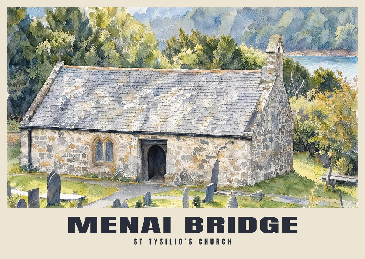 St Tysilio’s Church, Menai Bridge poster, English Watercolour style