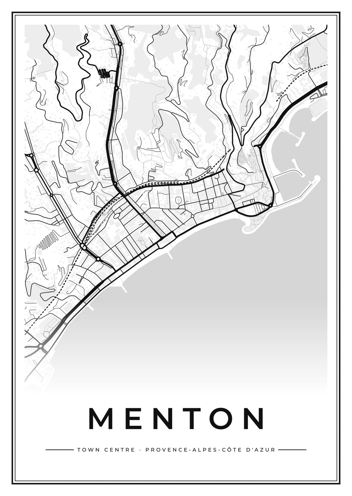 Street map poster of Menton town centre, Provence-Alpes-Côte d'Azur