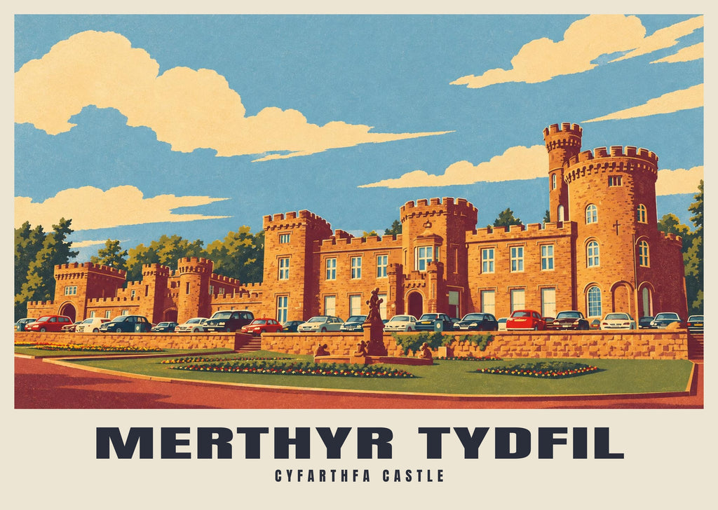 Cyfarthfa Castle, Merthyr Tydfil poster, Retro Railway style