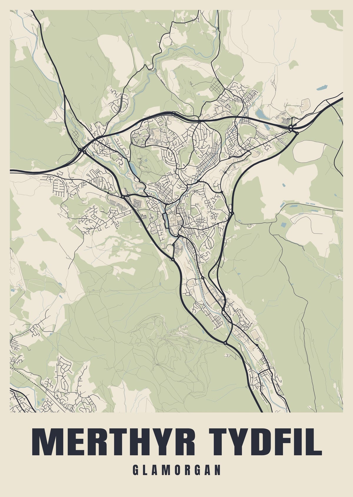 Street map poster of Merthyr Tydfil, Glamorgan