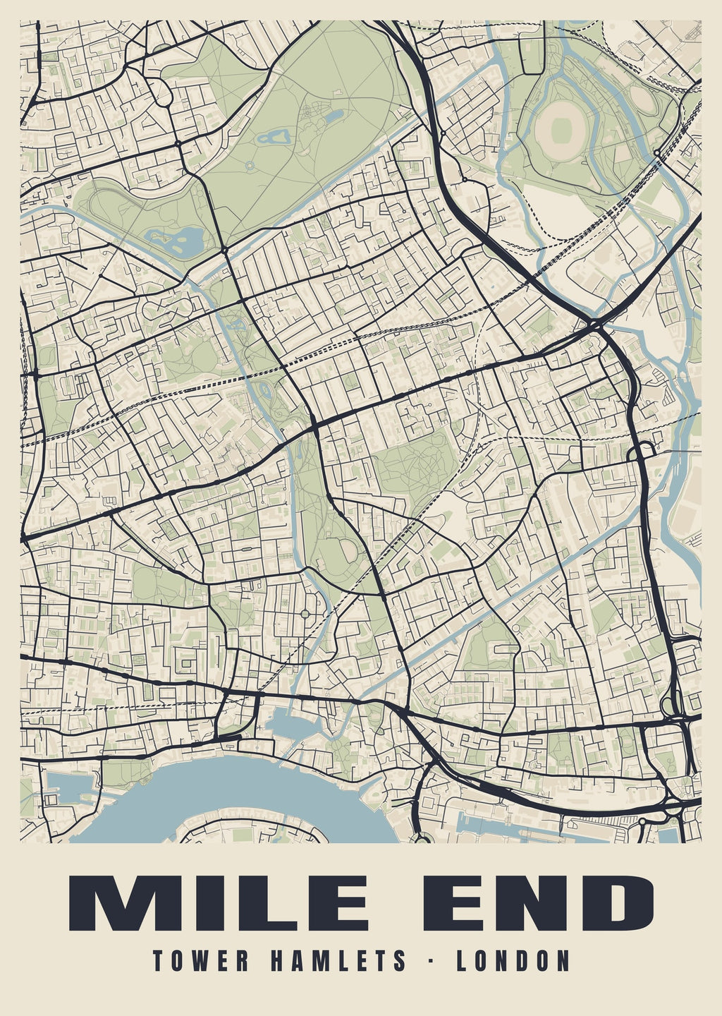 Heritage street map poster of Mile End, Tower Hamlets, London