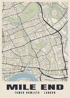 Heritage street map poster of Mile End, Tower Hamlets, London