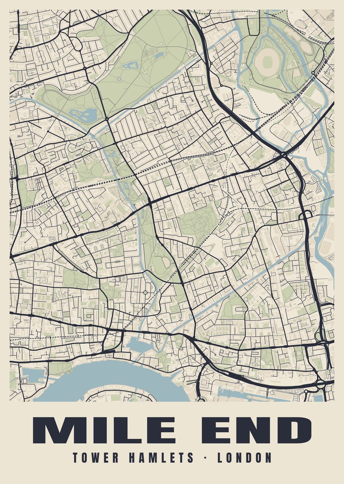 Heritage street map poster of Mile End, Tower Hamlets, London