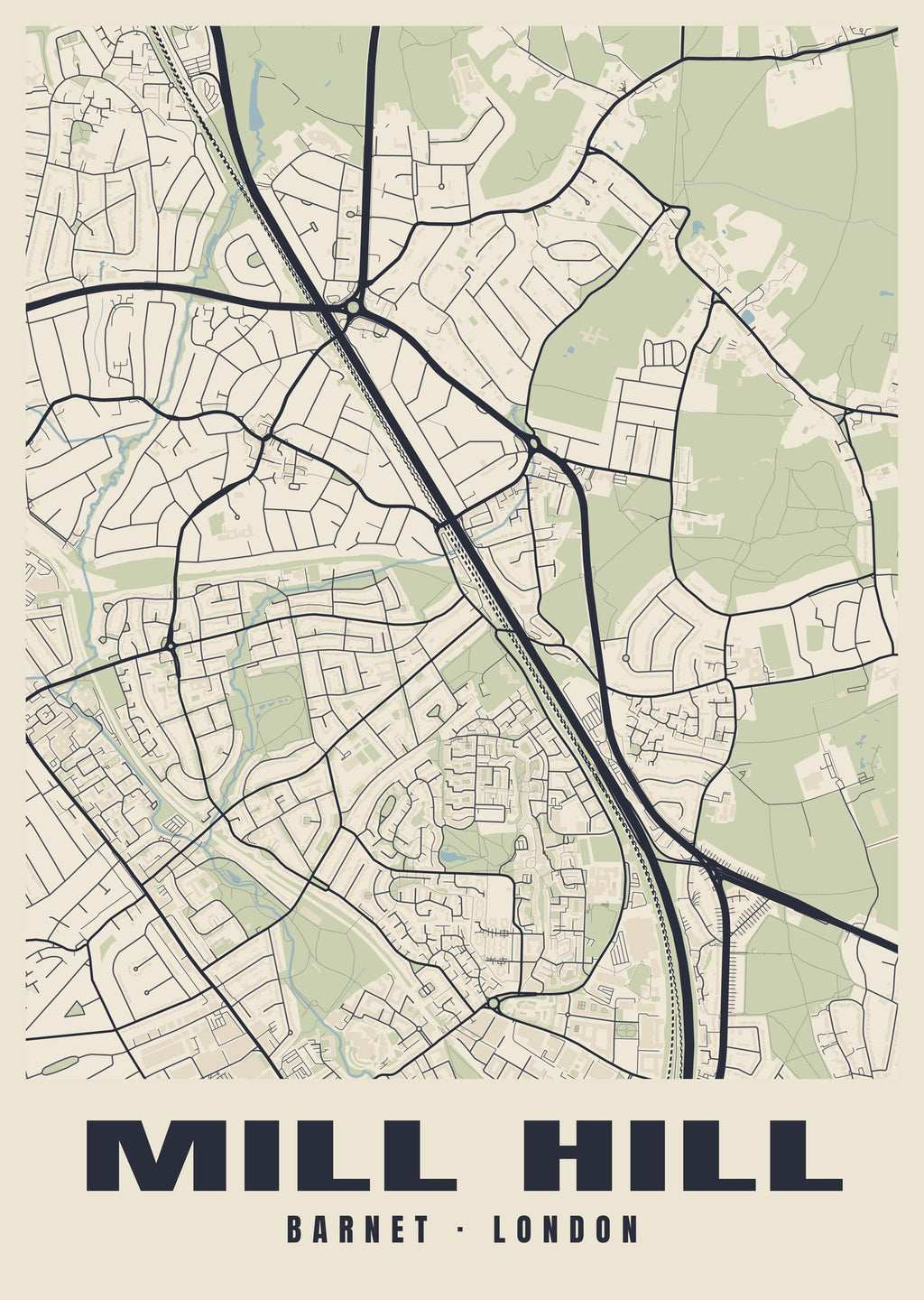 Heritage street map poster of Mill Hill, Barnet, London
