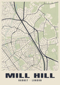 Heritage street map poster of Mill Hill, Barnet, London