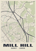 Heritage street map poster of Mill Hill, Barnet, London
