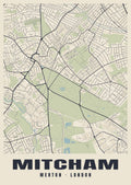 Heritage street map poster of Mitcham, Merton, London