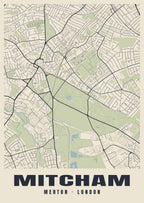 Heritage street map poster of Mitcham, Merton, London