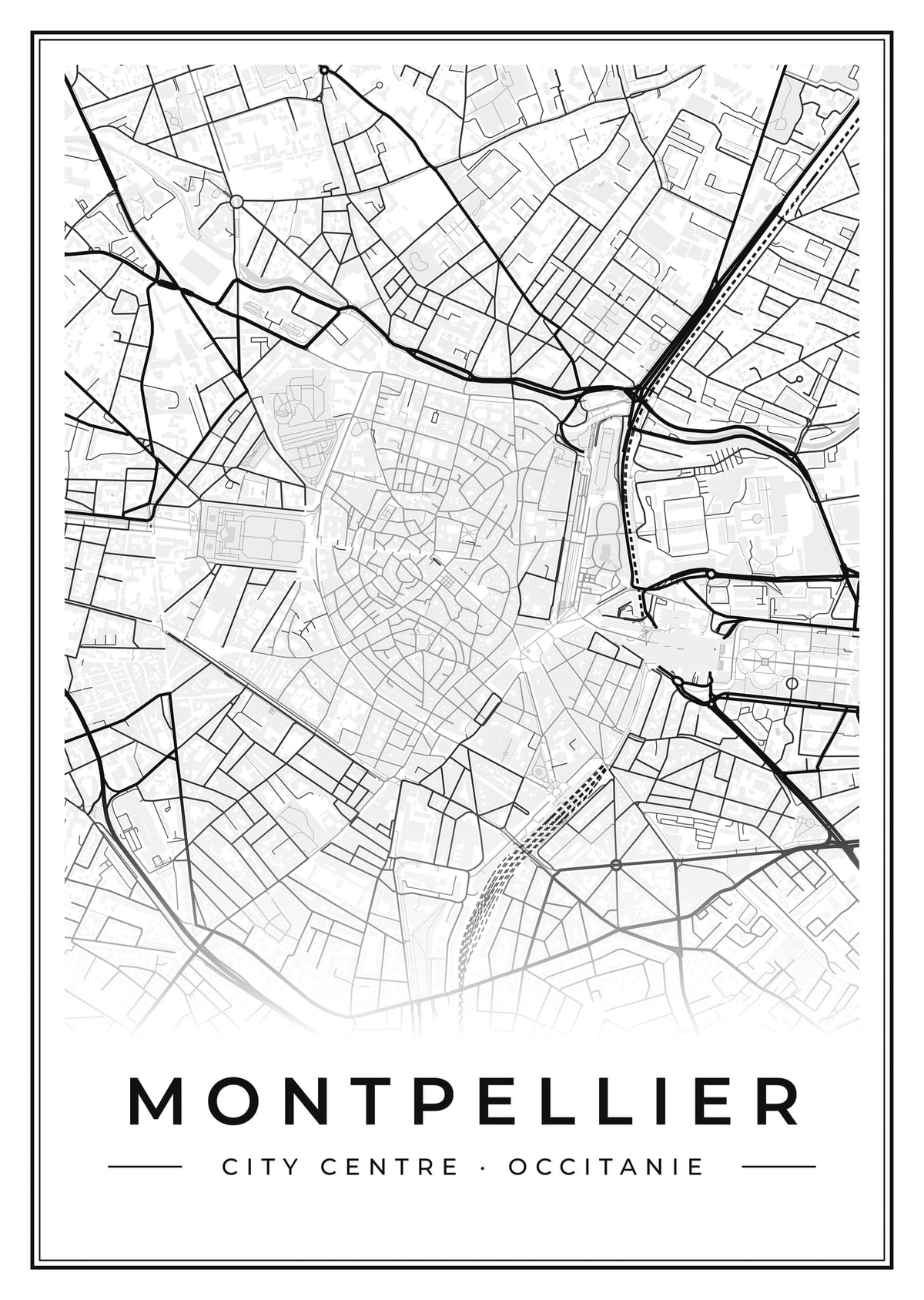 Street map poster of Montpellier city centre, Occitanie