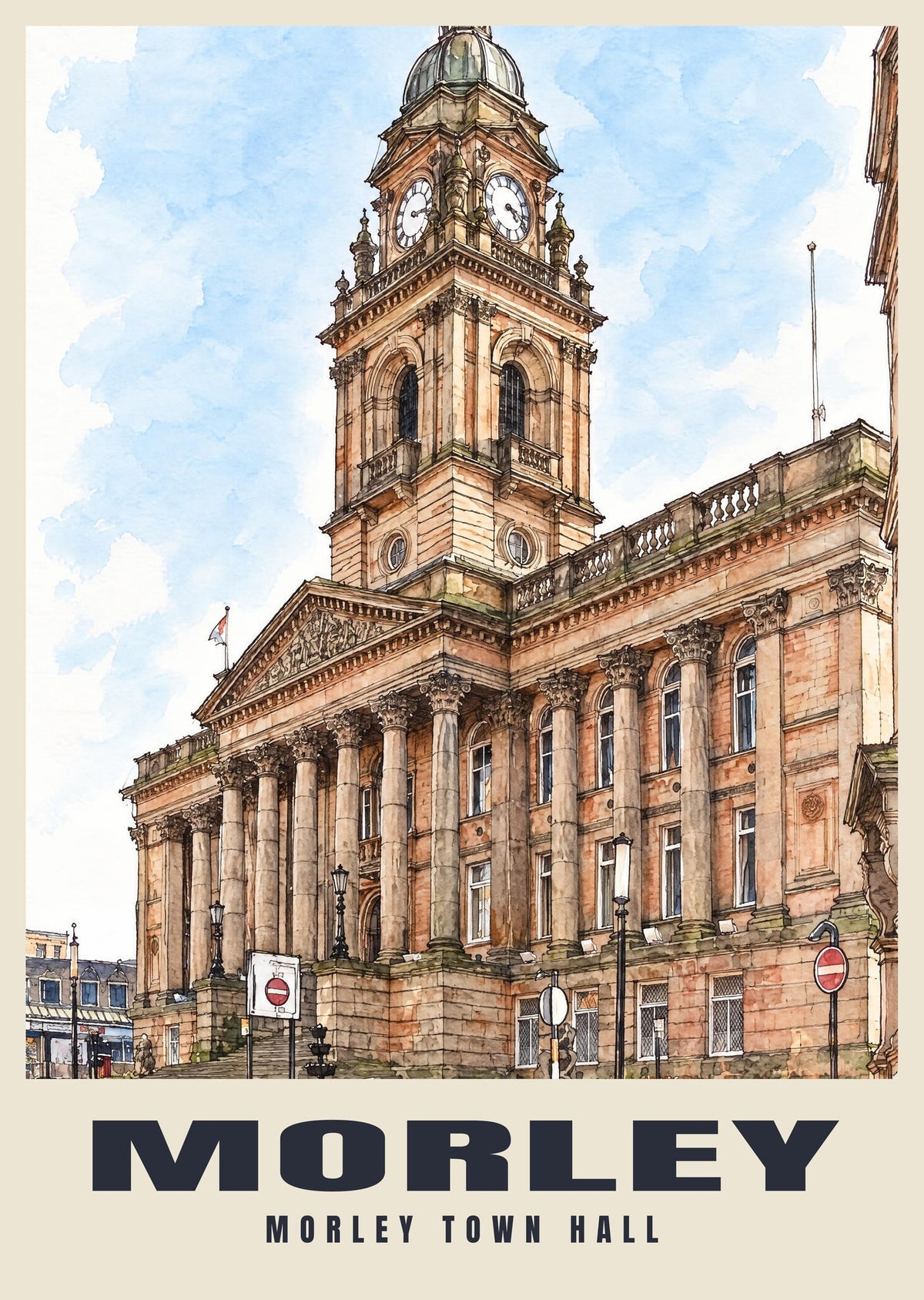 Morley Town Hall poster, Ink & Wash style