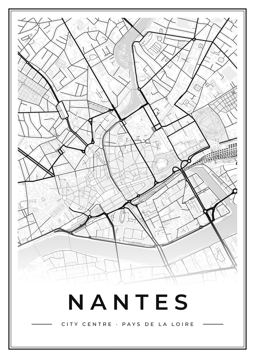 Street map poster of Nantes city centre, Pays de la Loire