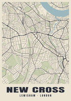 Heritage street map poster of New Cross, Lewisham, London