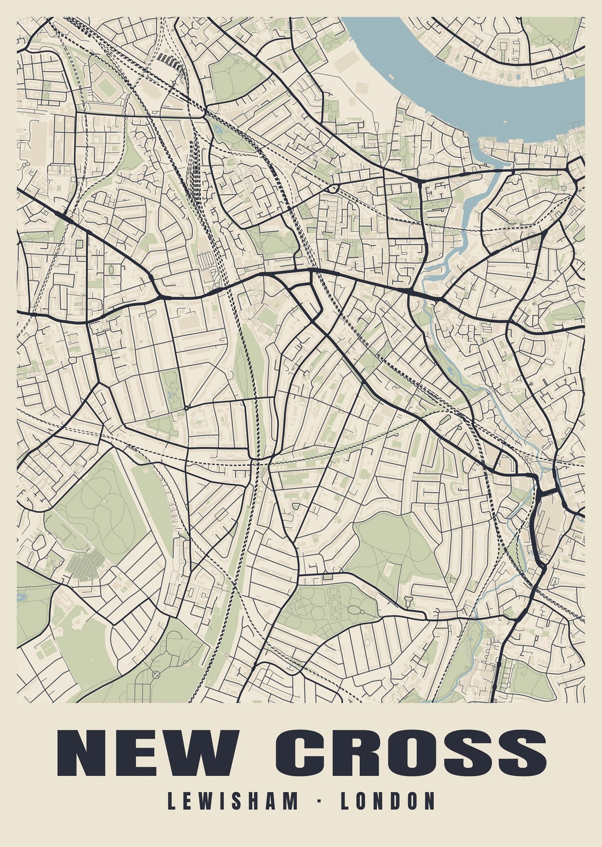 Heritage street map poster of New Cross, Lewisham, London