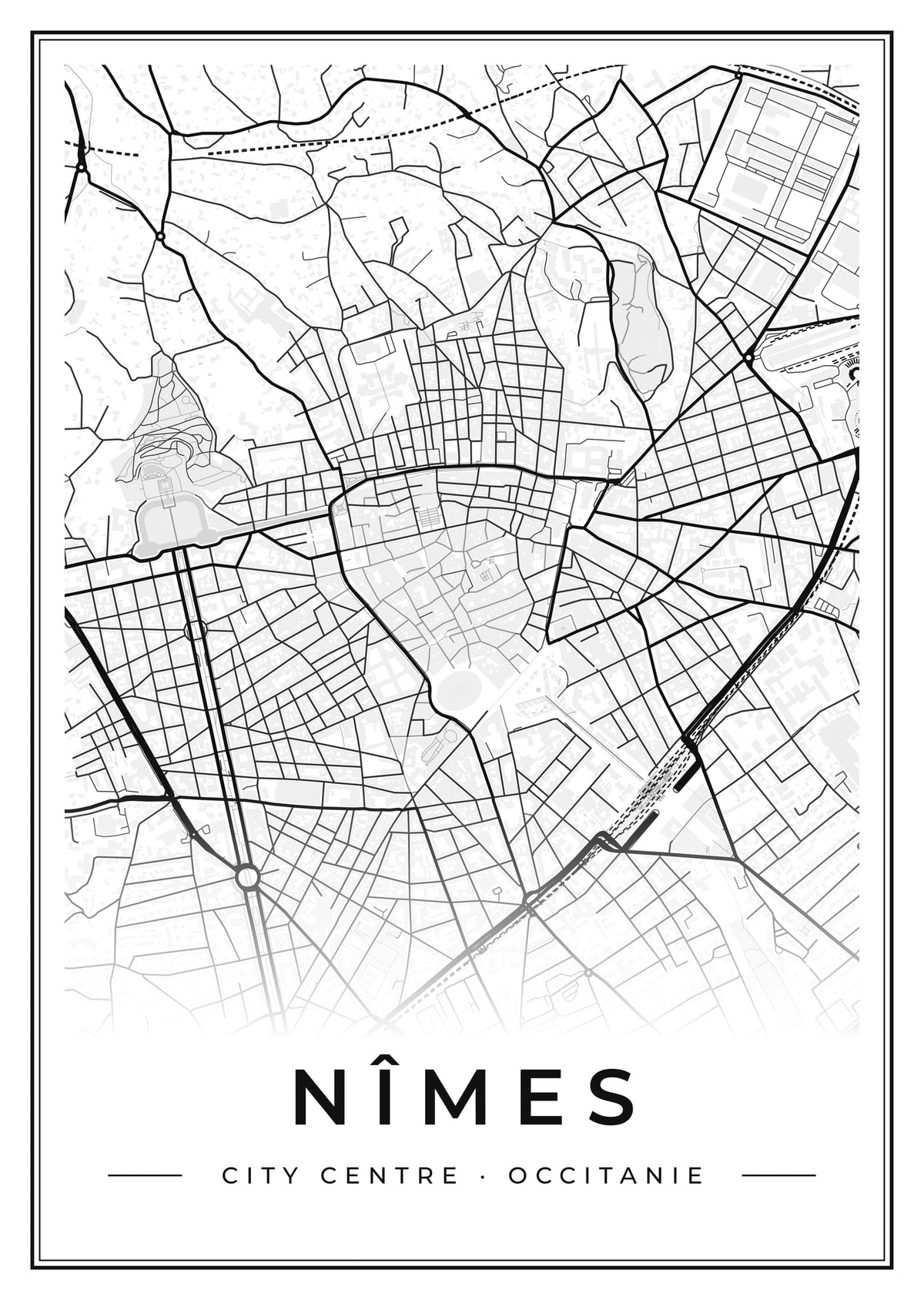 Street map poster of Nîmes city centre, Occitanie