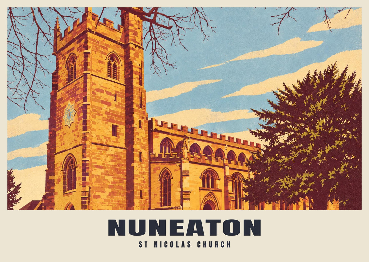 St Nicolas Church, Nuneaton poster, Retro Railway style