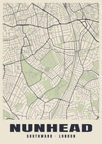Heritage street map poster of Nunhead, Southwark, London