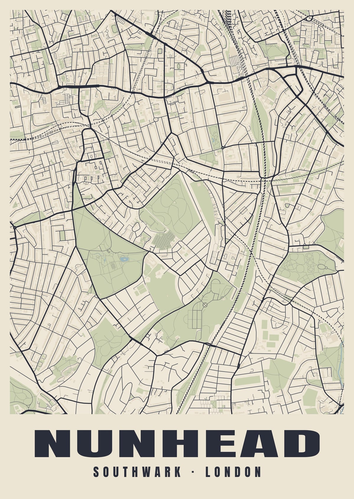Heritage street map poster of Nunhead, Southwark, London