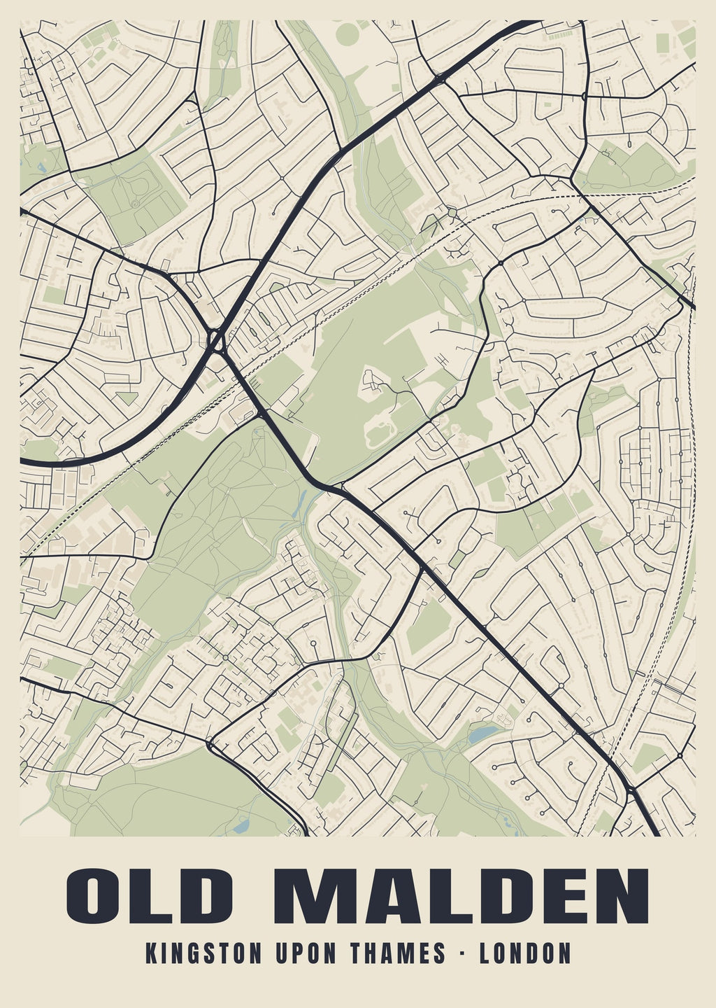Heritage street map poster of Old Malden, Kingston upon Thames, London