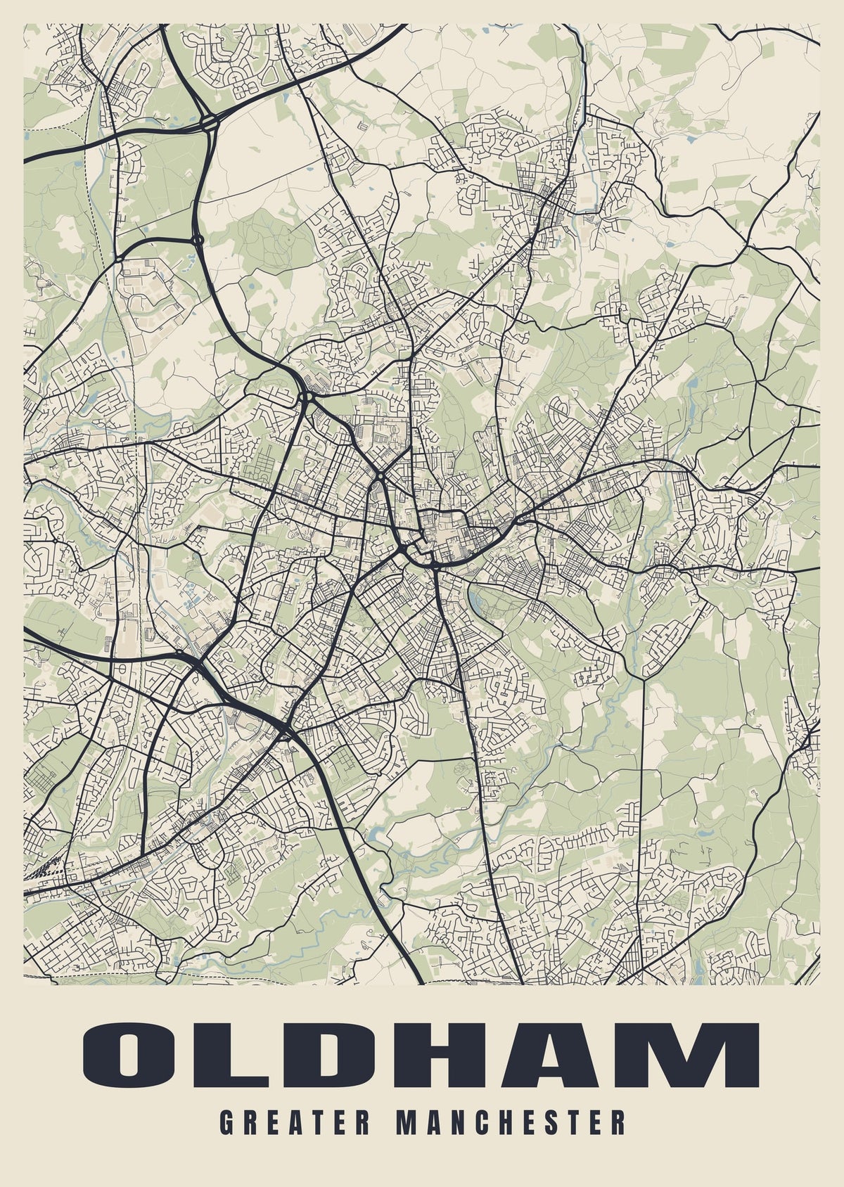 Street map poster of Oldham, Greater Manchester
