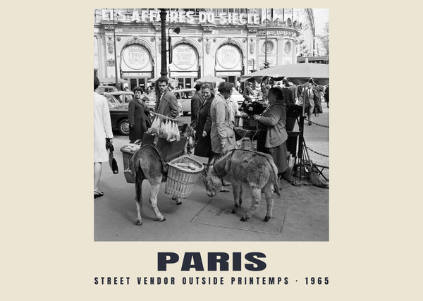 Sprzedawca uliczny przed Printemps, Paris — 1965 · Wydruk historycznej fotografii