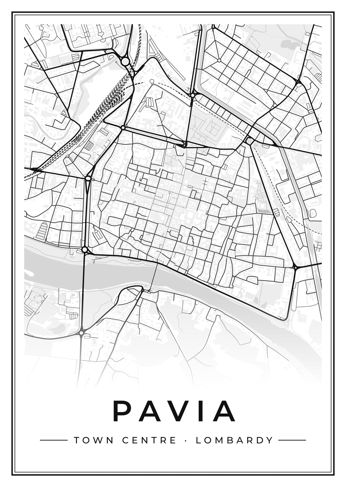 Street map poster of Pavia town centre, Lombardy