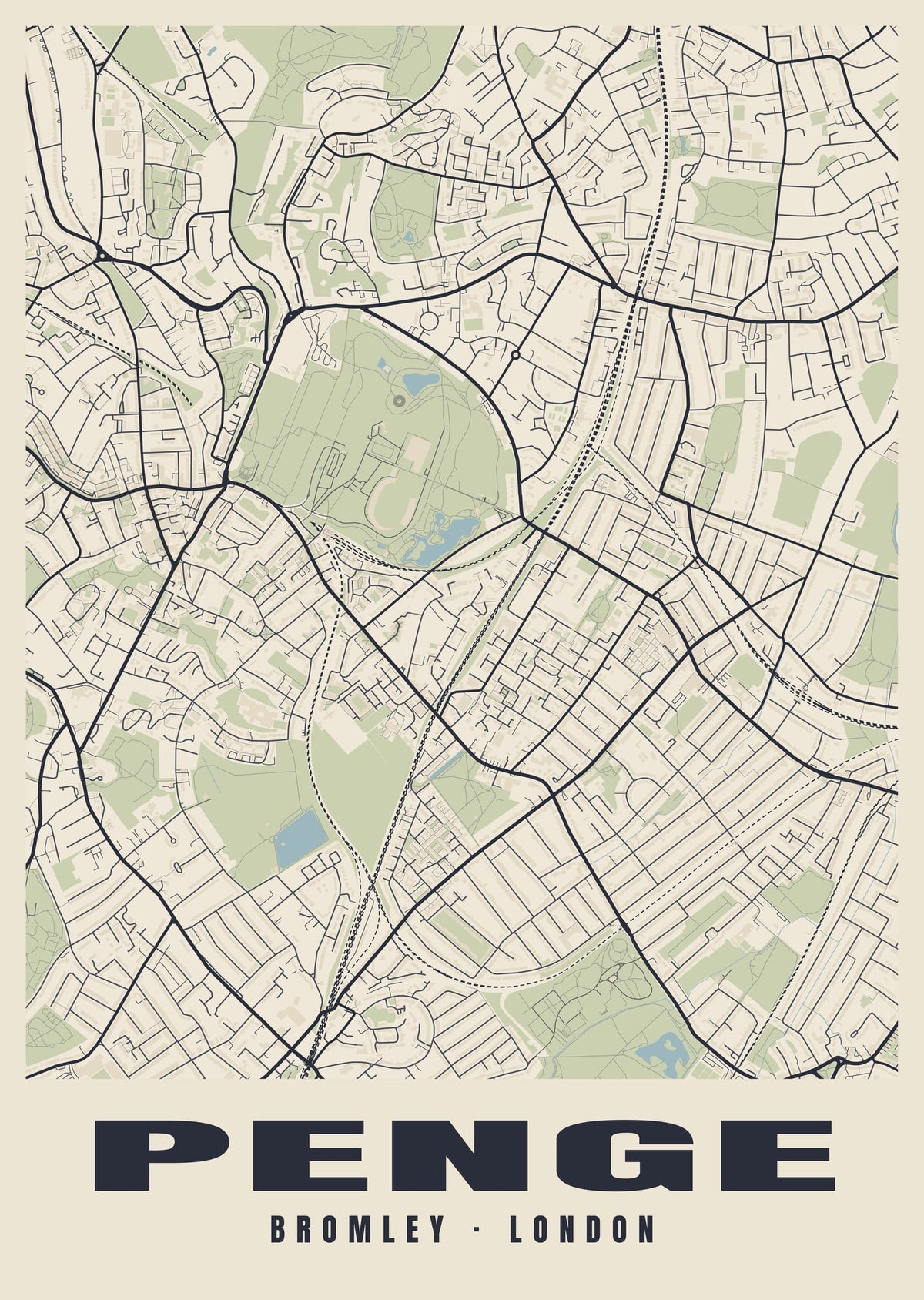 Heritage street map poster of Penge, Bromley, London