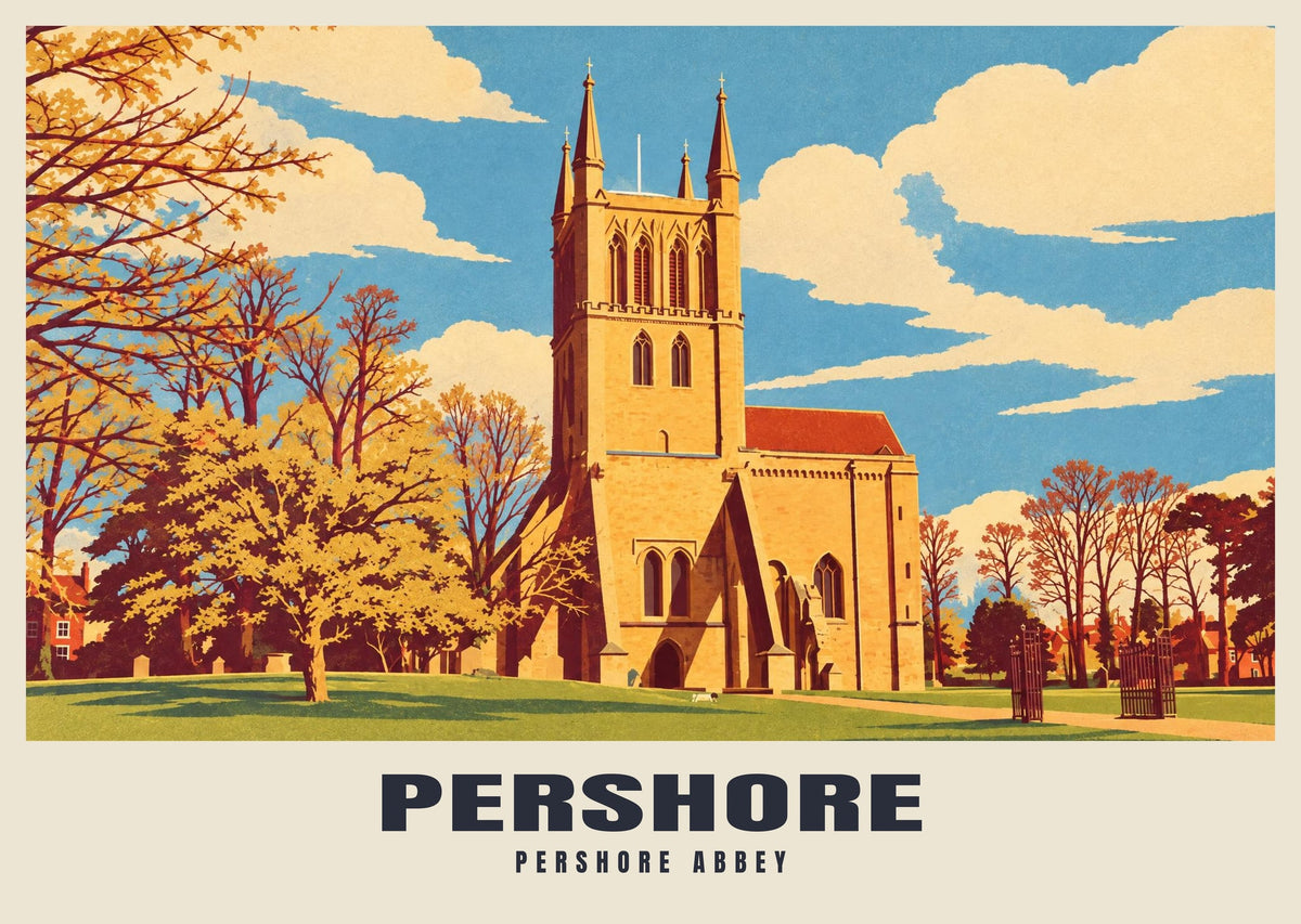 Pershore Abbey poster, Retro Railway style