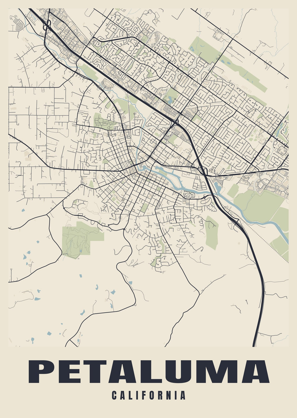 Street map poster of Petaluma, California