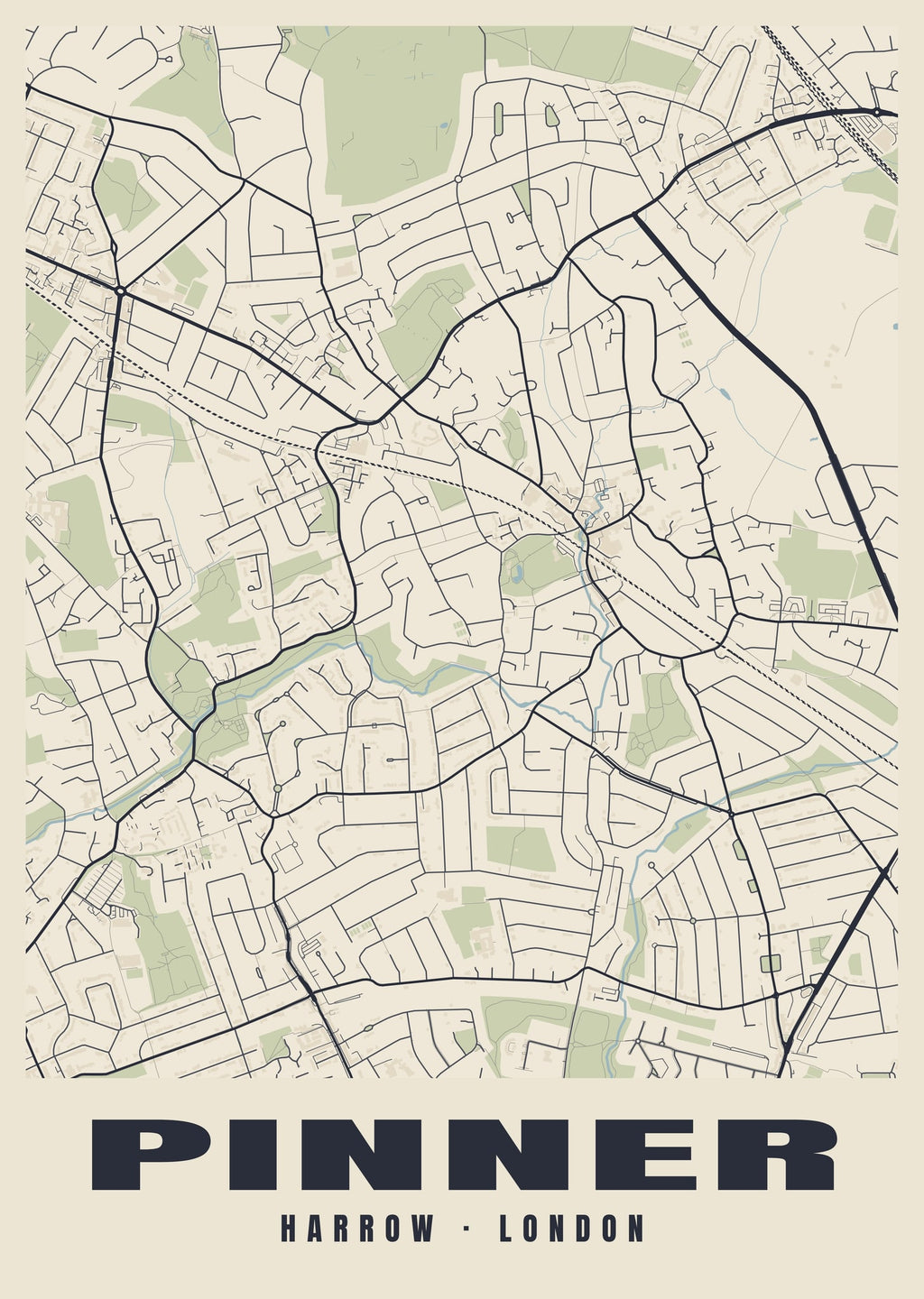 Heritage street map poster of Pinner, Harrow, London