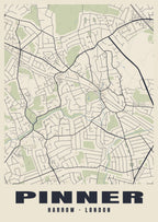 Heritage street map poster of Pinner, Harrow, London