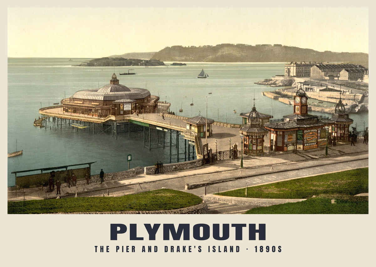The Pier and Drake's Island, Plymouth, 1890s heritage photograph