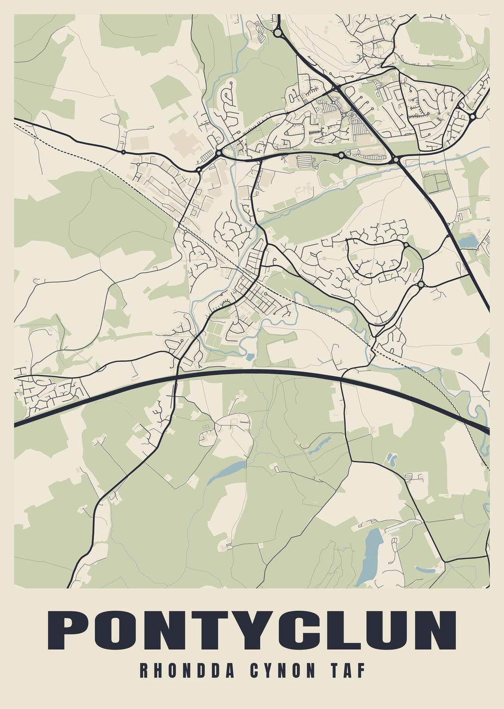Street map poster of Pontyclun, Rhondda Cynon Taf