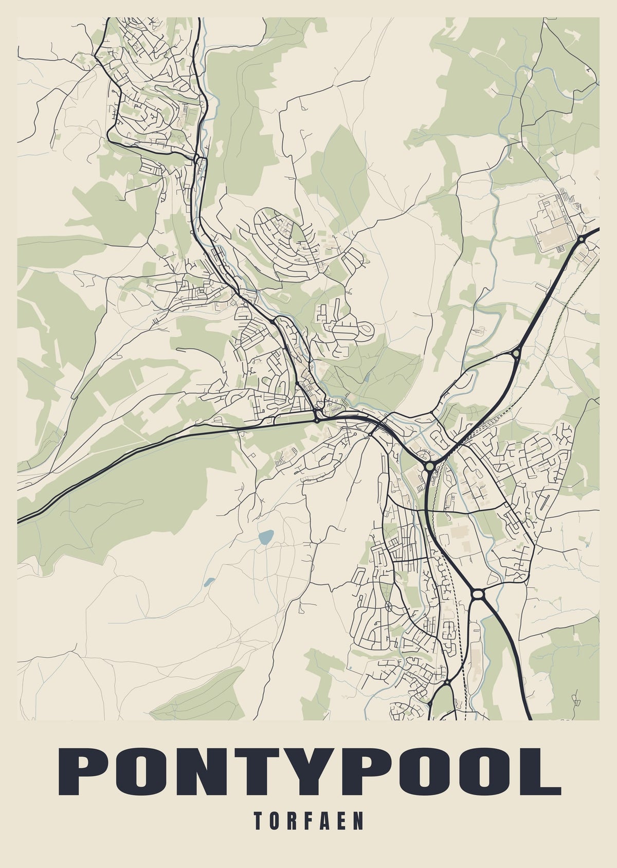 Street map poster of Pontypool, Torfaen