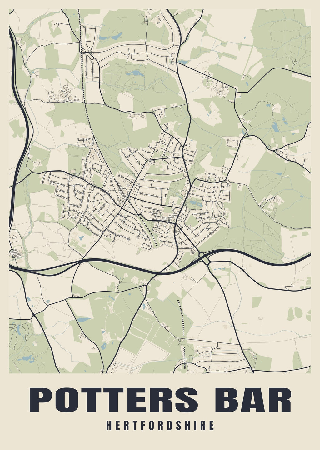 Street map poster of Potters Bar, Hertfordshire