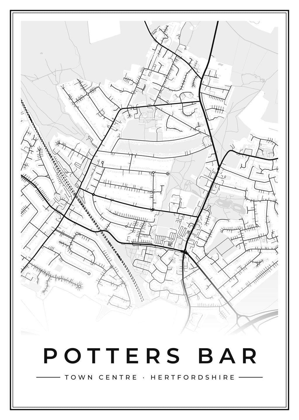 Street map poster of Potters Bar town centre, Hertfordshire