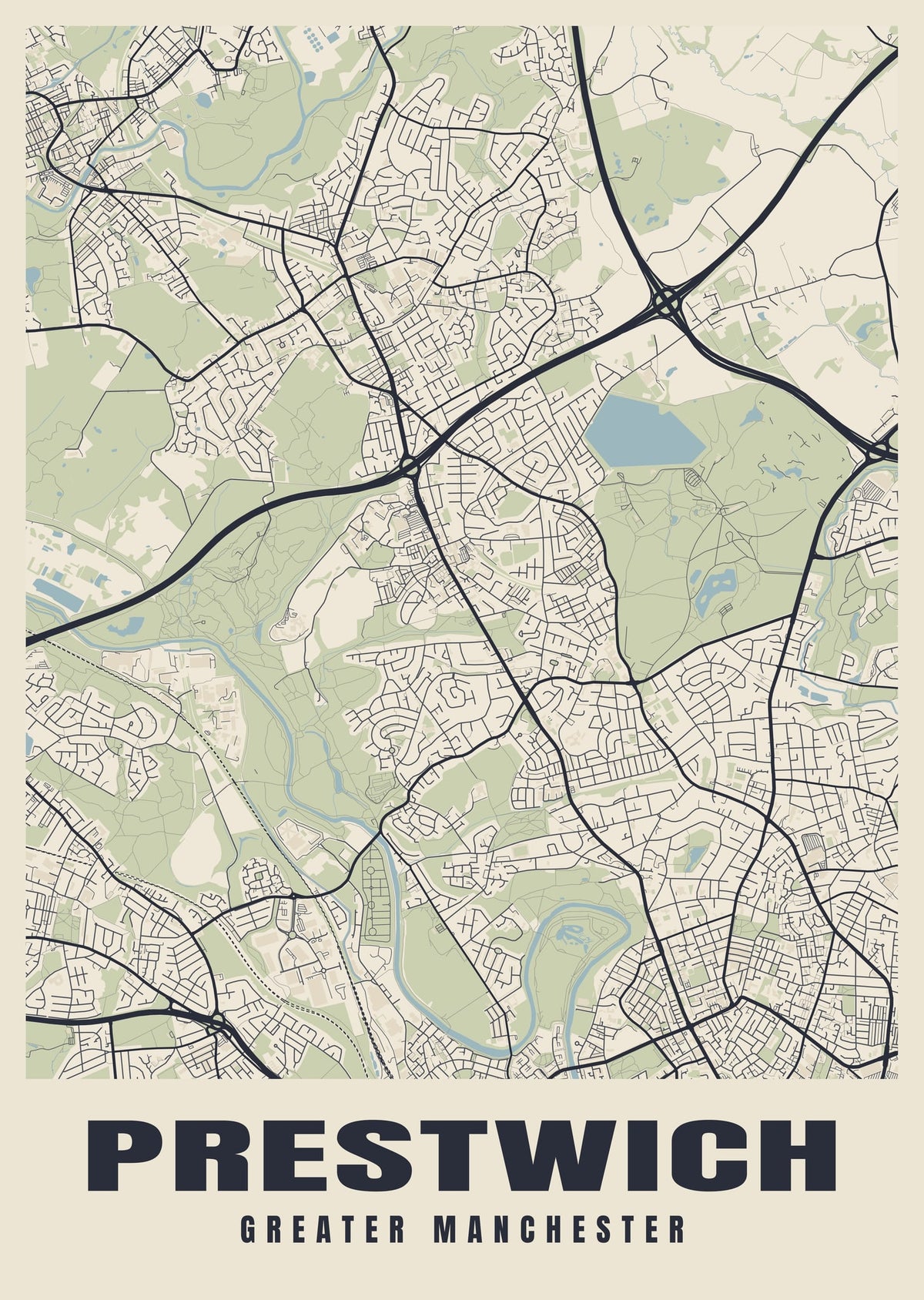 Street map poster of Prestwich, Greater Manchester