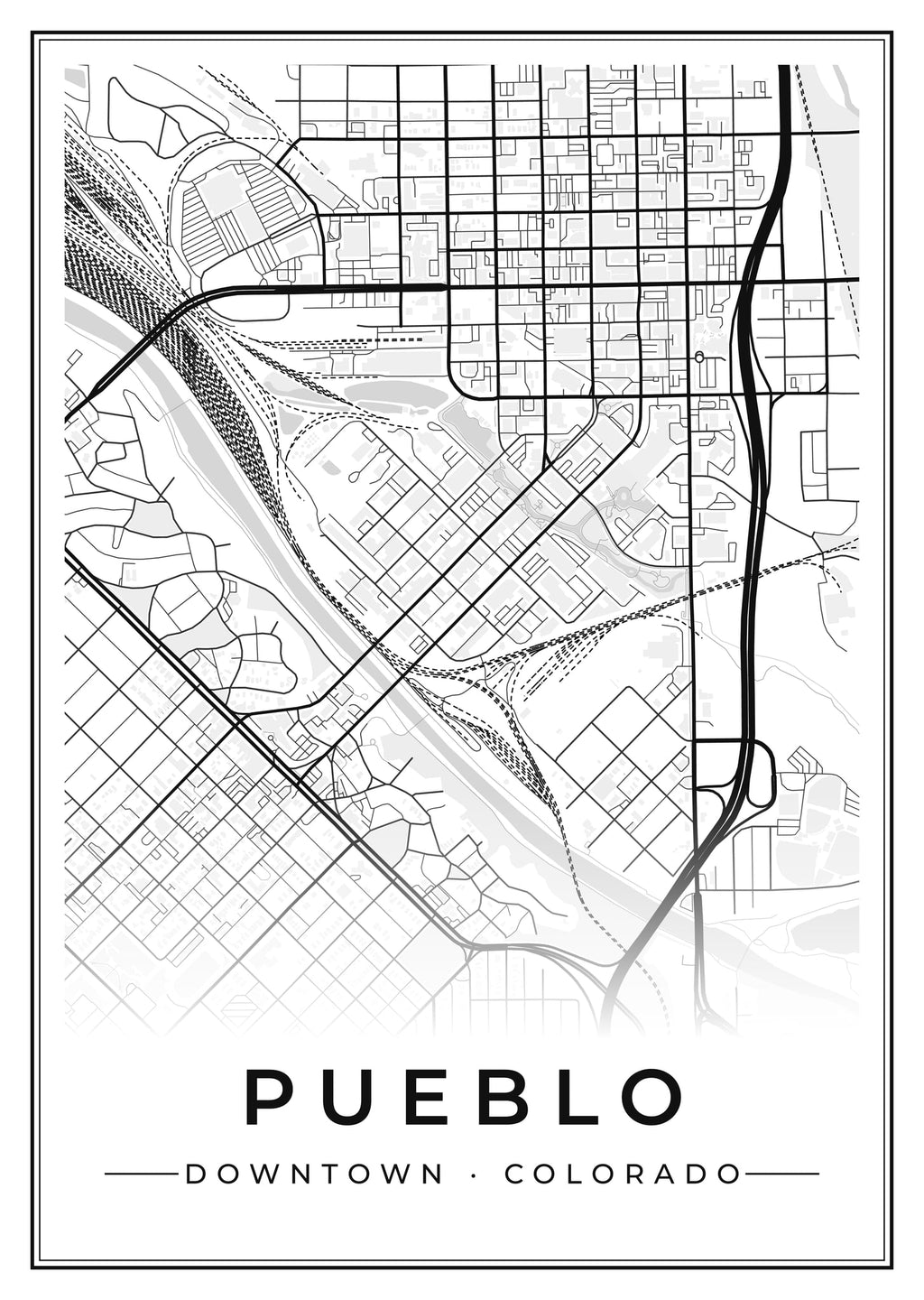 Street map poster of downtown Pueblo, Colorado