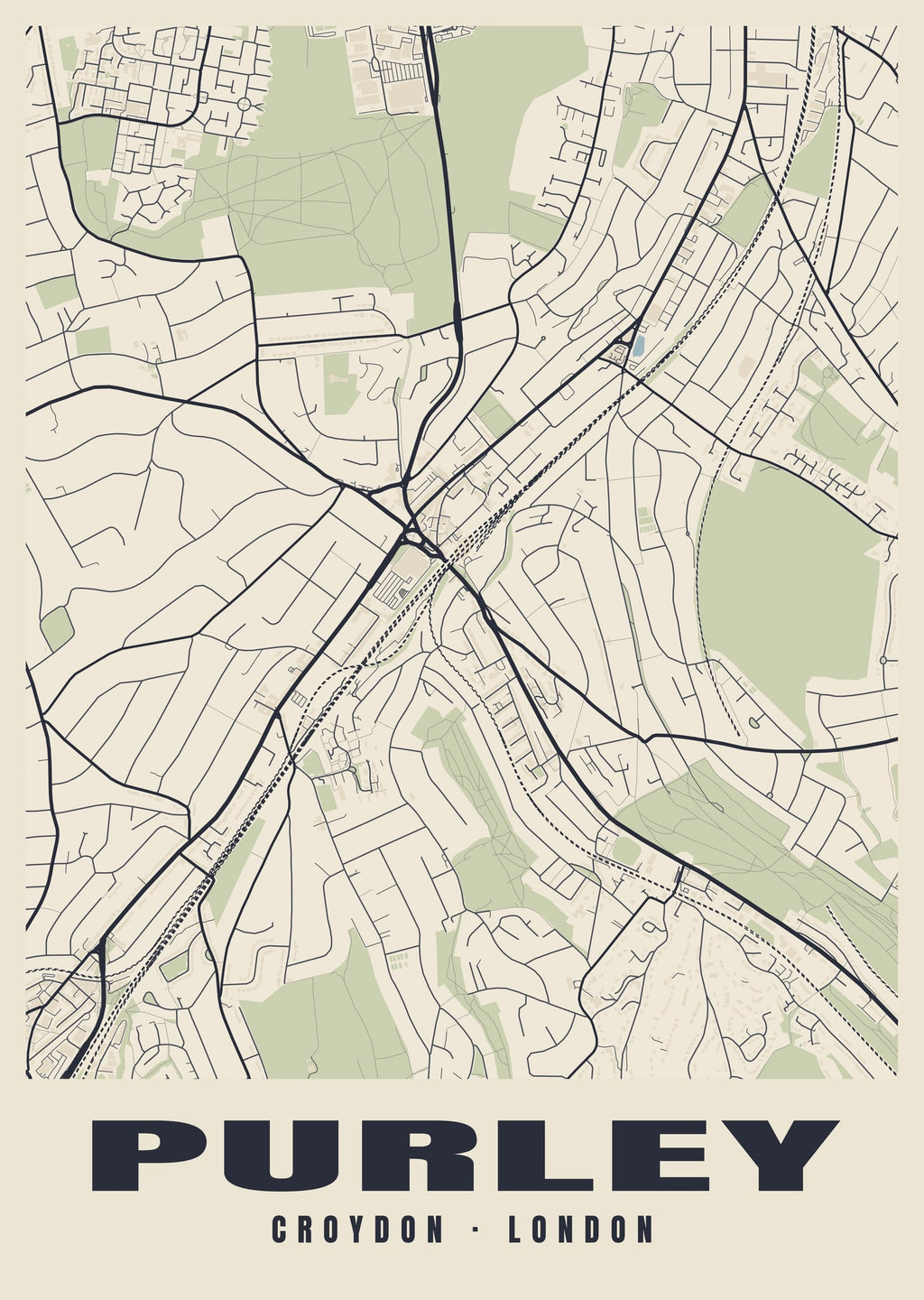 Heritage street map poster of Purley, Croydon, London