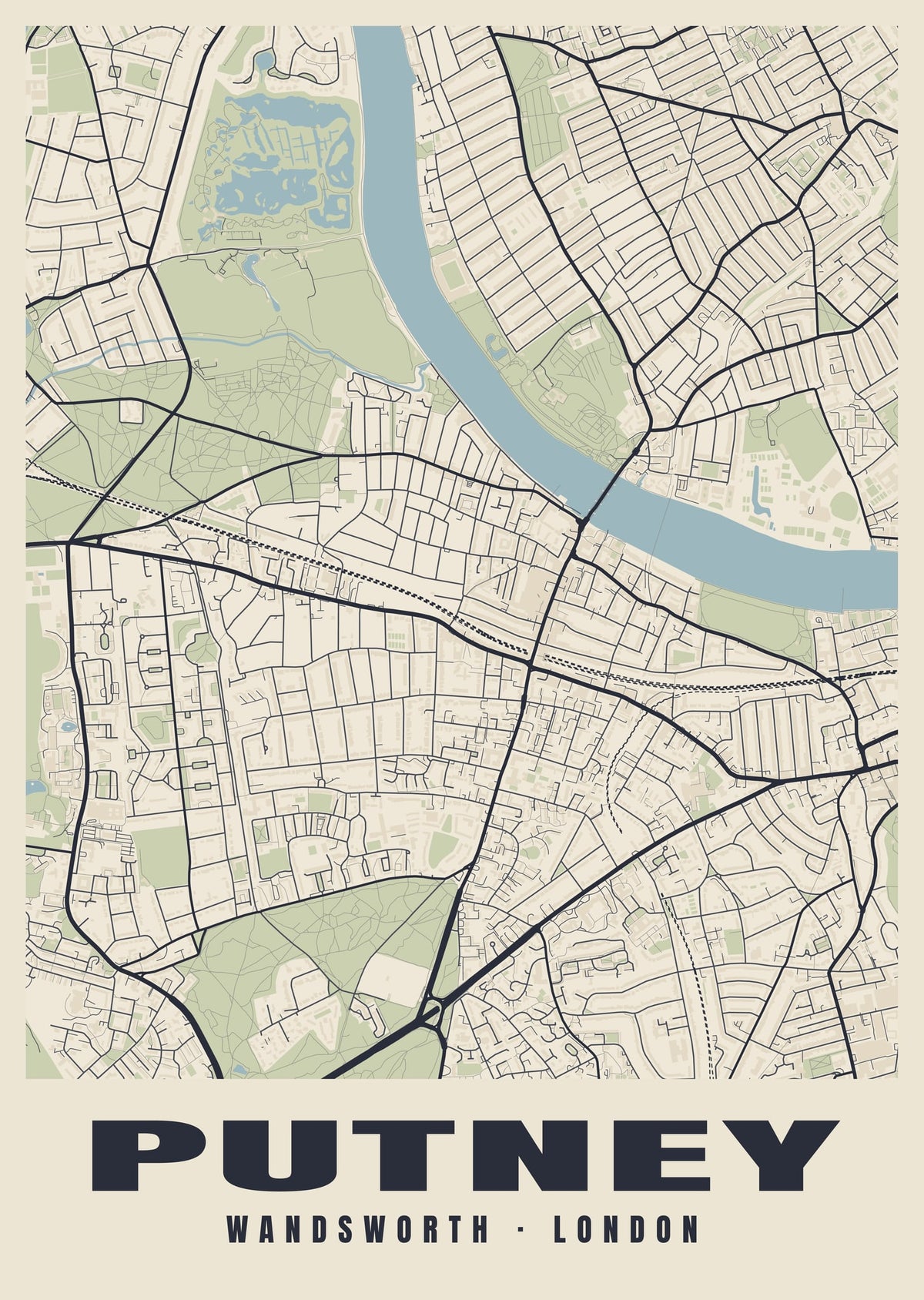 Heritage street map poster of Putney, Wandsworth, London