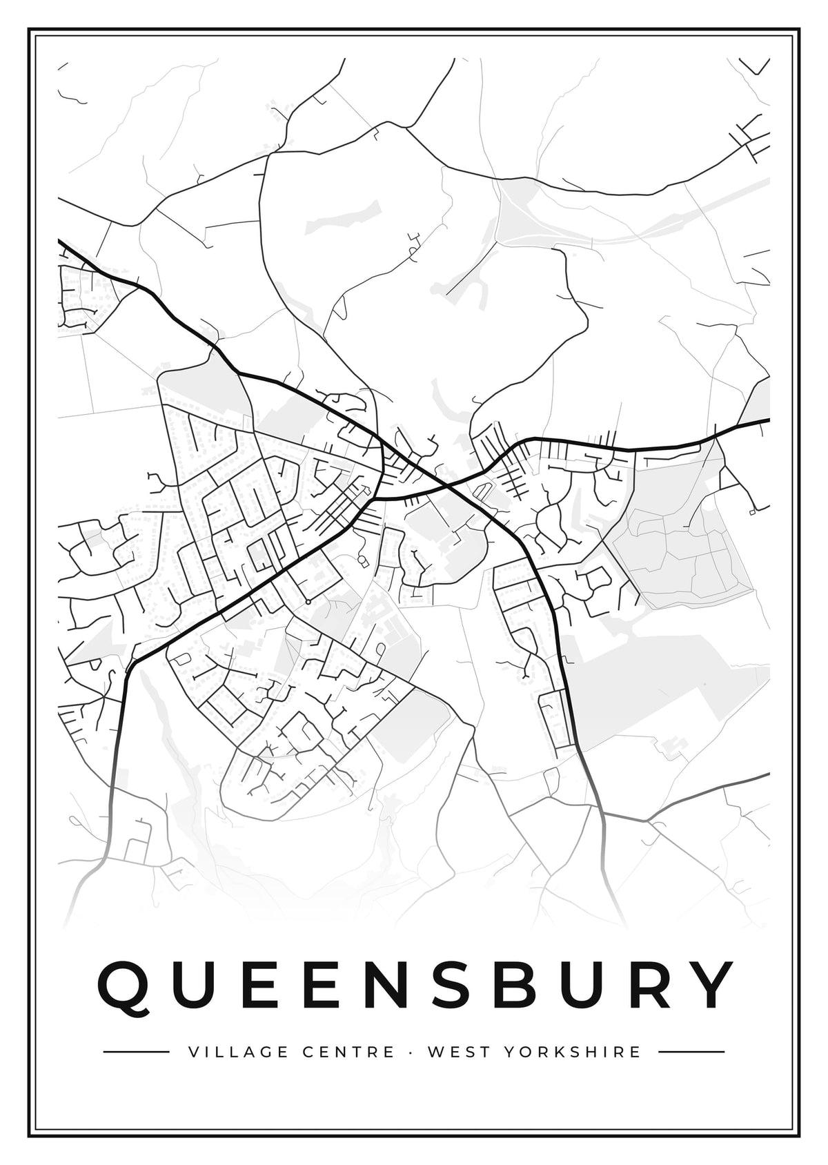 Street map poster of Queensbury village centre, West Yorkshire