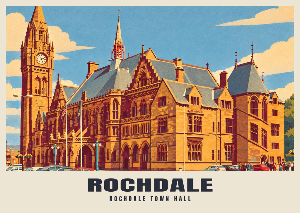 Rochdale Town Hall poster, Retro Railway style
