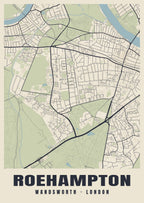 Heritage street map poster of Roehampton, Wandsworth, London