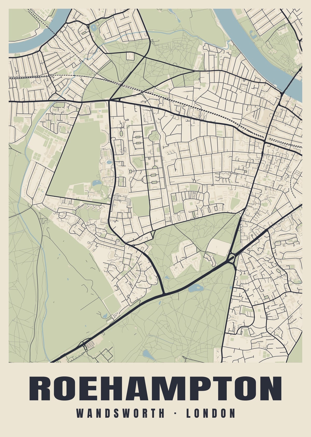 Heritage street map poster of Roehampton, Wandsworth, London