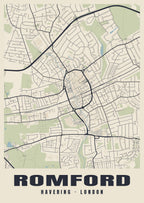 Heritage street map poster of Romford, Havering, London