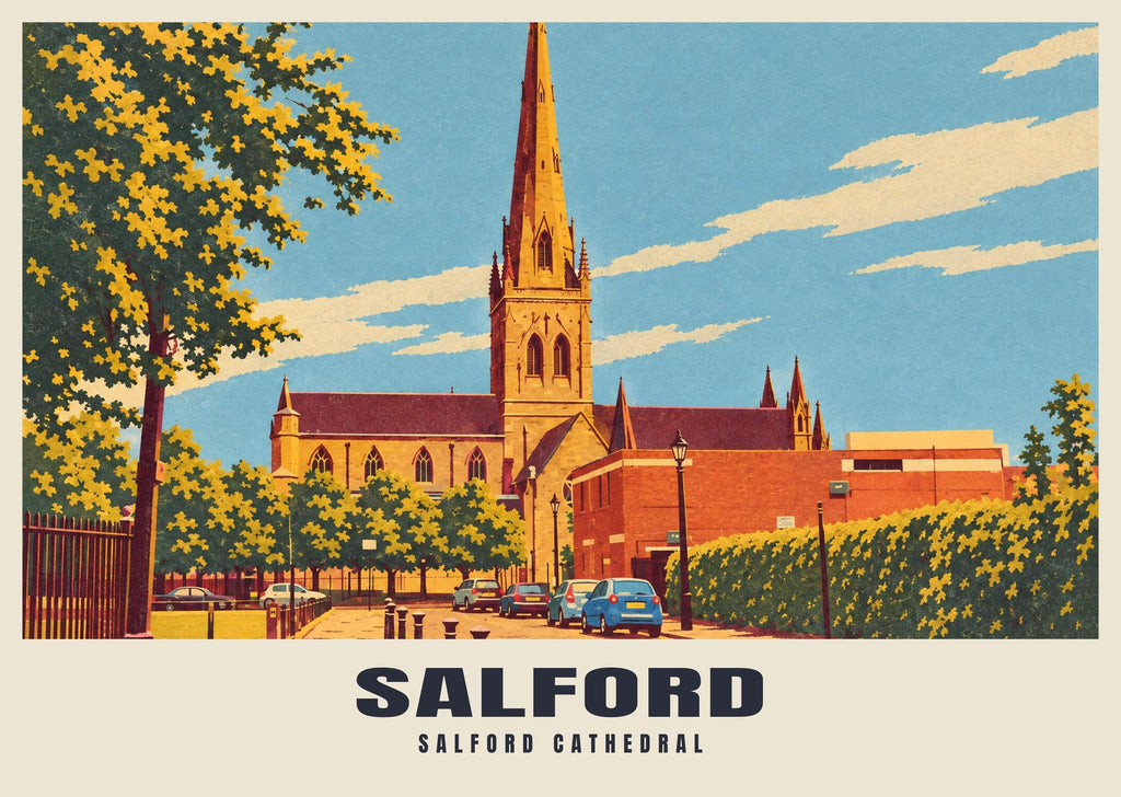 Salford Cathedral poster, Retro Railway style