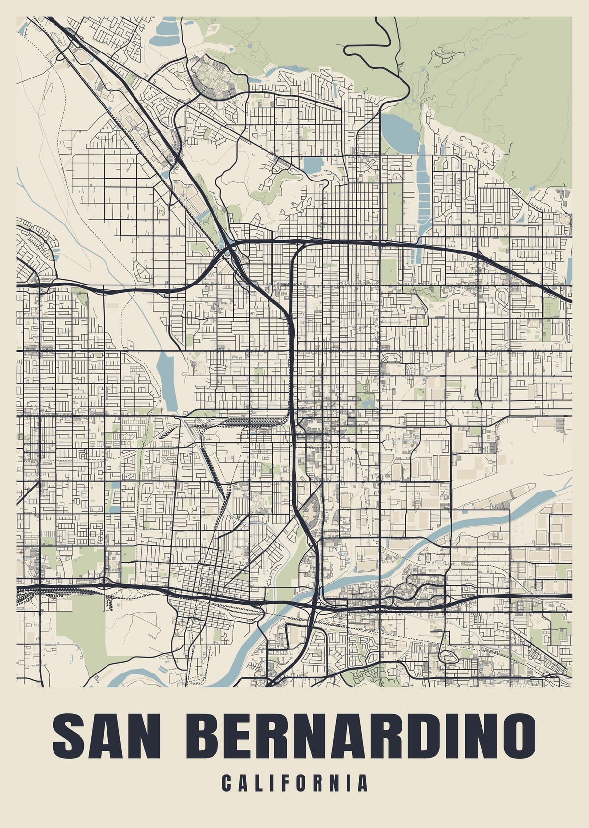 Street map poster of San Bernardino, California
