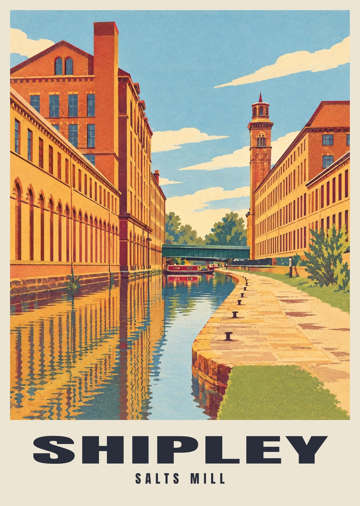 Salts Mill, Shipley poster, Retro Railway style
