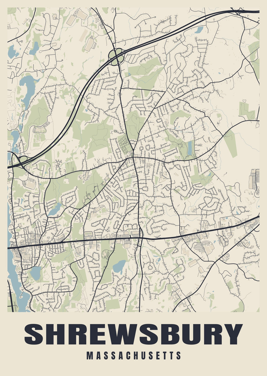 Street map poster of Shrewsbury, Massachusetts